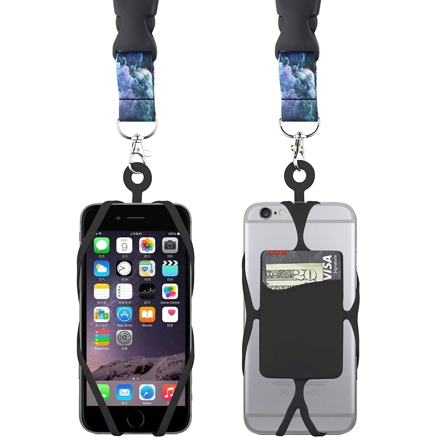 Funito Cell Phone Lanyard with Adjustable Neck Strap Compatible with Most Smartphones, Silicone Phone Holder with Card Pocket and Adjustable Satin Polyester Lanyard