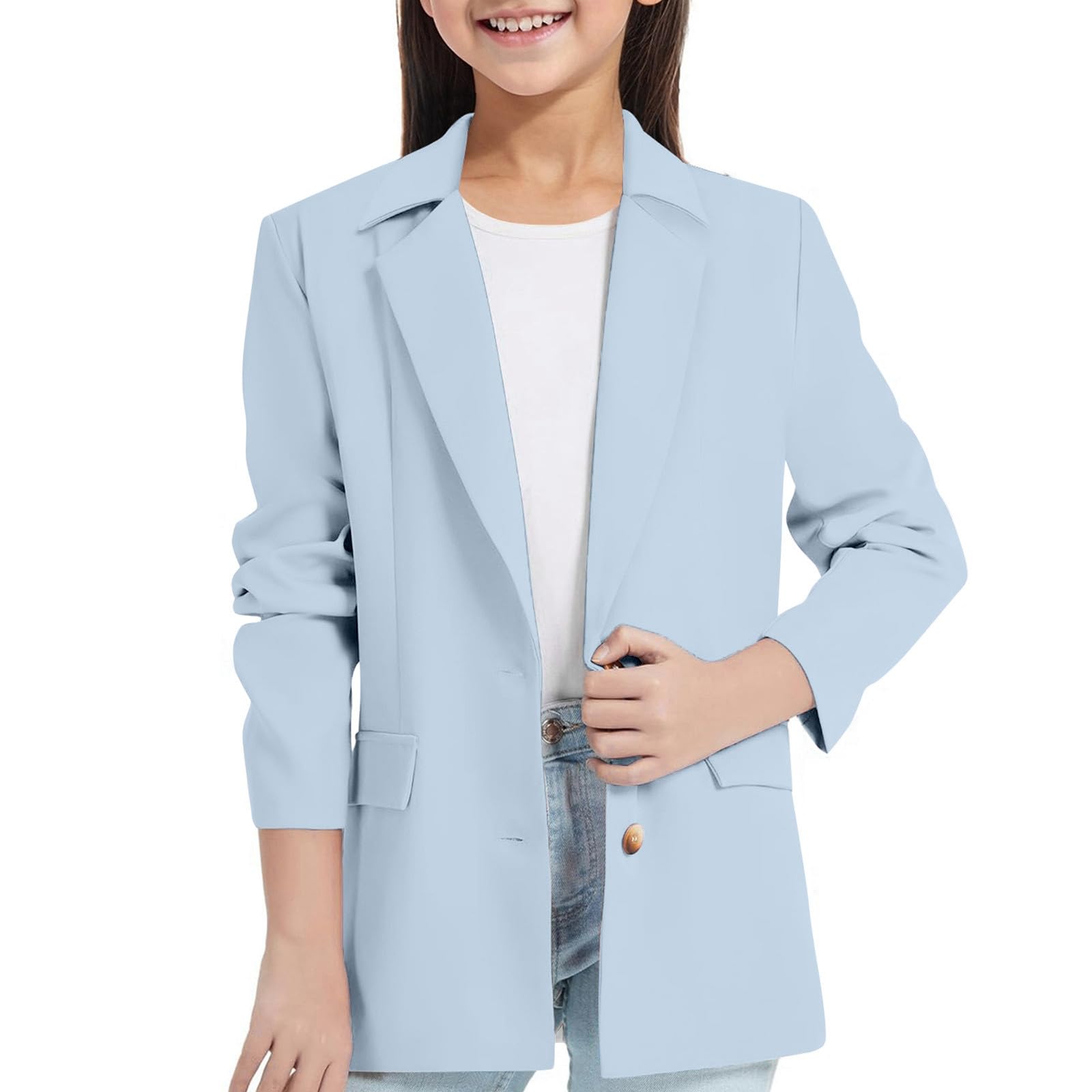 Blazer - Chaqueta de traje para niña, color liso, chaqueta de ocio, manga larga, con doble bolsillo lateral, cuello de solapa, chaqueta de traje, moda con frente abierto, traje formal para niños de 3