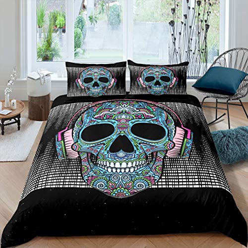 Juego de con Calavera Punk rockero,Calavera,Juego de Funda de edredón para niños y niñas,Esqueleto Bohemio,Funda de edredón geométrica,3 Piezas,King y Cremallera