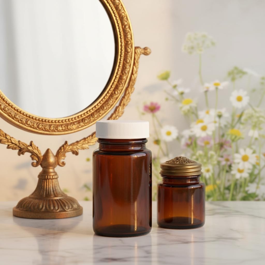 JUVITUS 2.5 oz Amber Glass Wide Mouth Packer Bottle with White Lid (24 Pack)