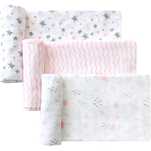 Little Grape Land Muslin Swaddle Blankets, 100% Cotton Muslin Blankets, Large Size Baby Receiveing Blankets, Neutral Soft Baby Blankets for Newborns - Pink / 47x47in, 3 Pack