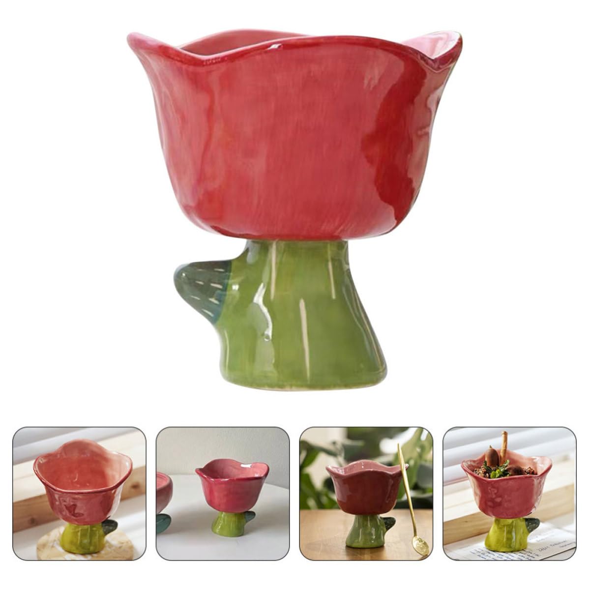 VILLCASE Taza de Helado de Cerámica, Recipiente Decorativo para Postres, Tulipán, Rojo, Diseño Simple, para Ensalada y Helado