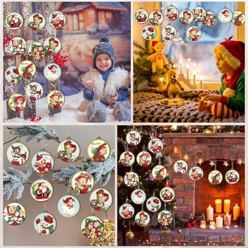 Image of 24 Pcs Christmas Wood Ornaments Vintage Christmas Decorations for Tree Xmas Santa Claus Bell Candy Cane Wood Cutout Winter Hanging Tag Sign Christmas Decor for Christmas Tree Holiday Party Home