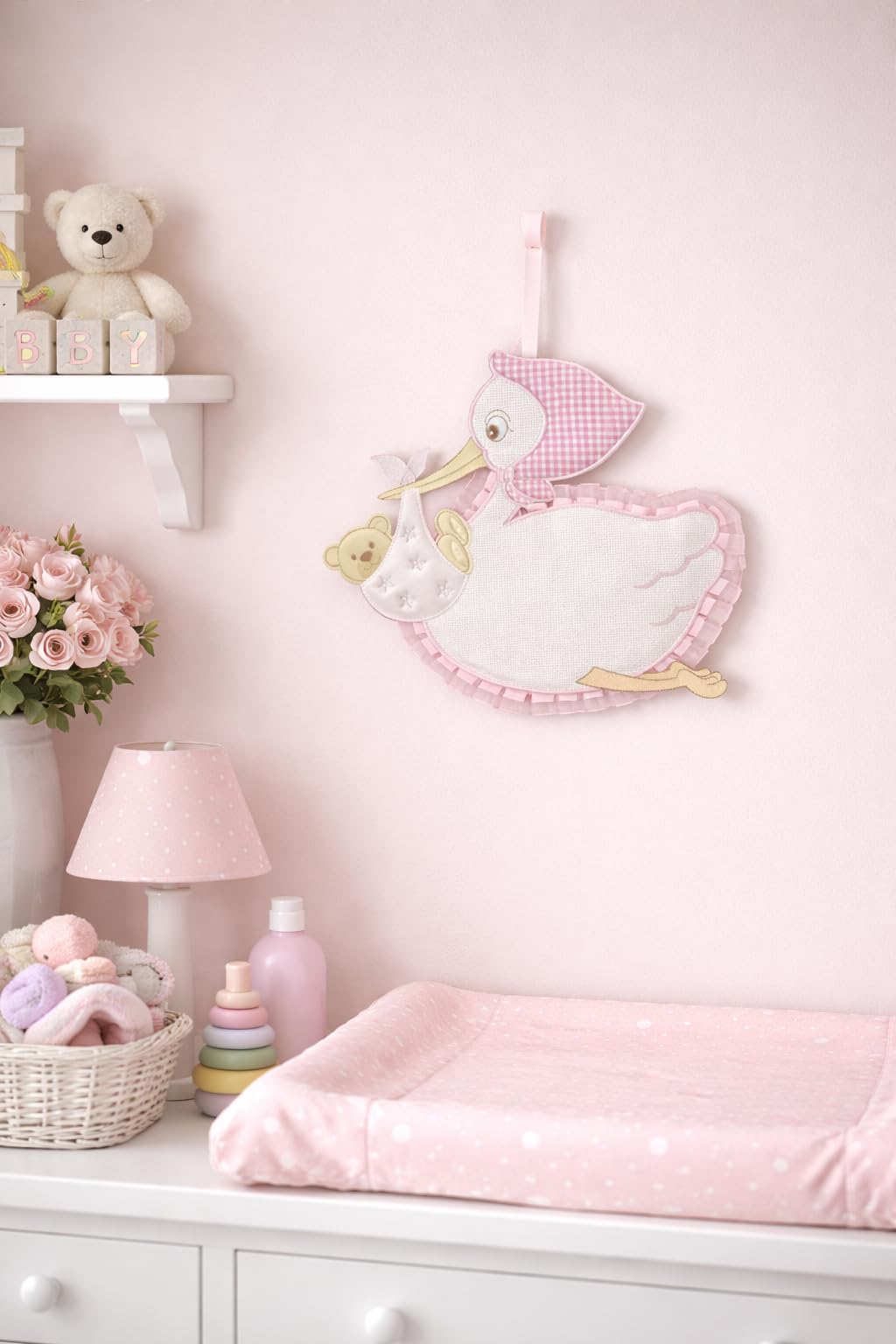 Fiocco Nascita Cicogna da Ricamare con Orsetto Rosa 25X35 cm