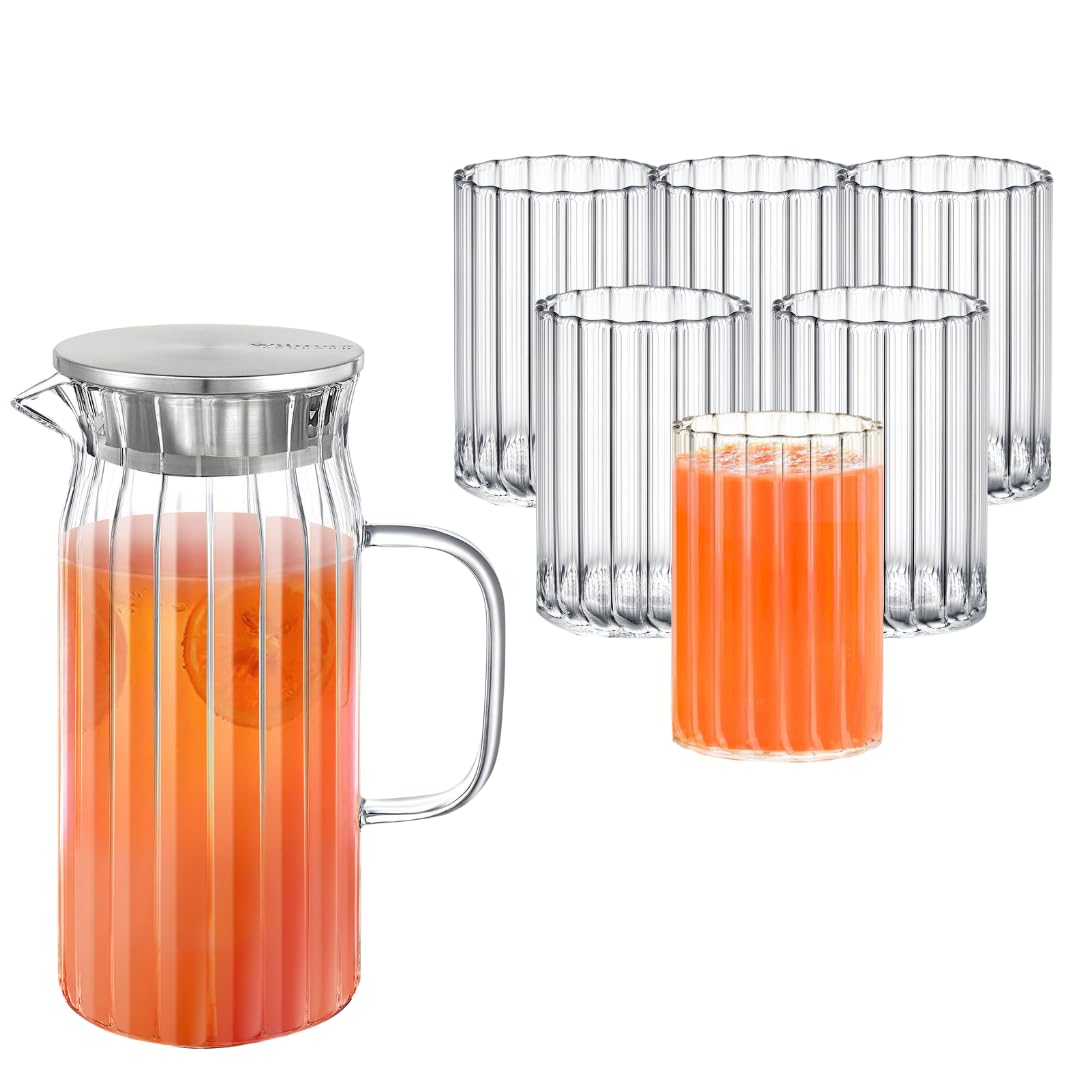 Wilmax Glass Carafe 1 Litre with 6 Water Glasses 200 ml in Set Stainless Steel Lid Water Carafe Made of Ribbed Glass Water Jug for Juice, Water, Iced Tea, Milk, Glass Carafe Water Jug