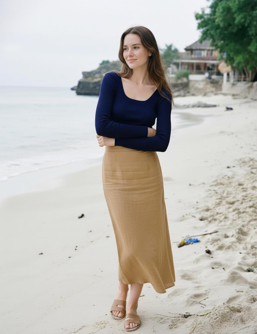 v28 Women Scoop Neck U-Neck Knit Long Sleeve Slim Fit Ribbed Sweater Tops - Image 4