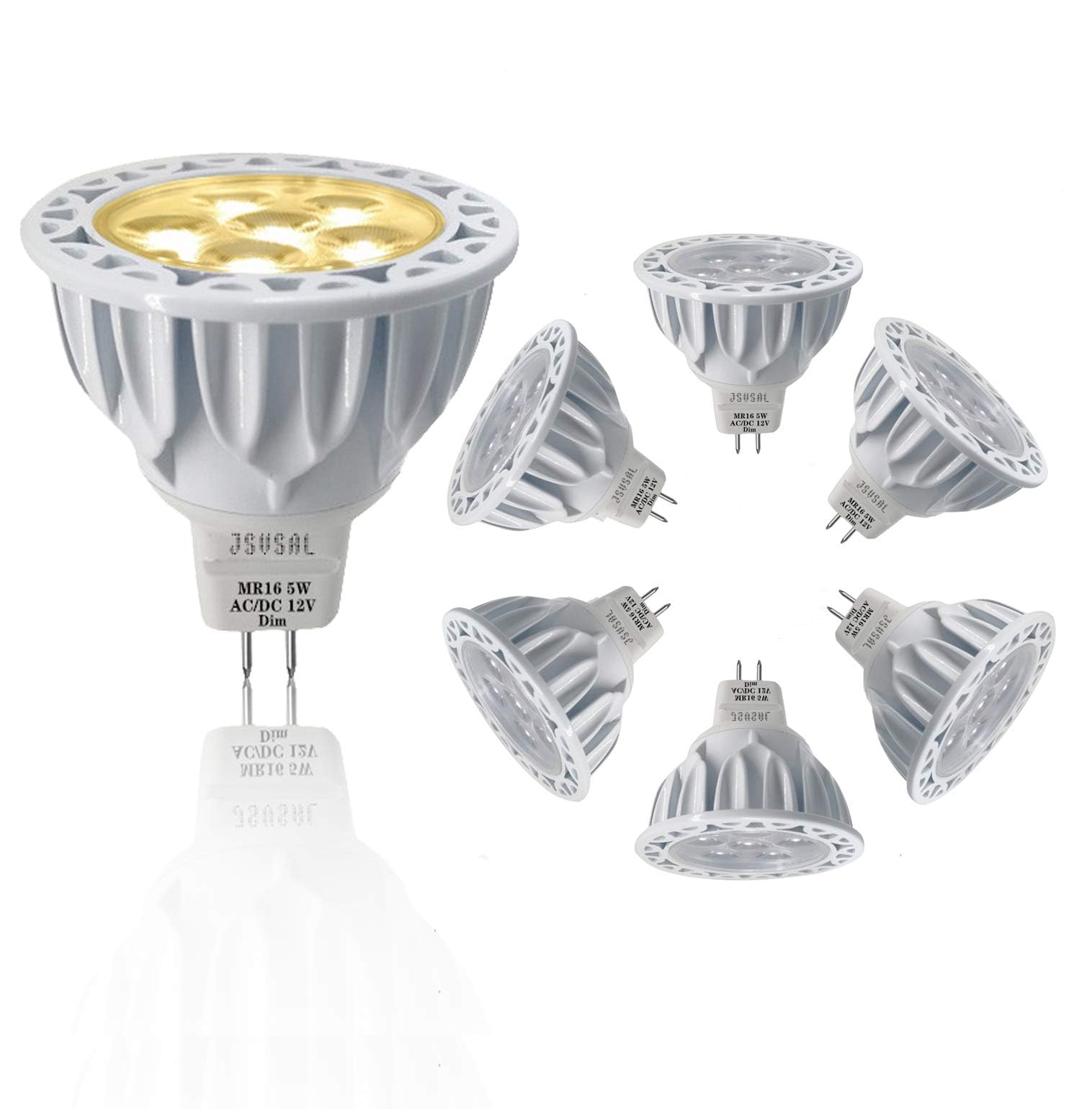 Paquete de 6 bombillas LED MR16 regulables de 5 W reemplazan 50 W equivalente a halógenos, 3000K, AC/DC12 voltios, base GU5.3 Bi-Pin, iluminación de 40 grados para focos de pista de paisaje