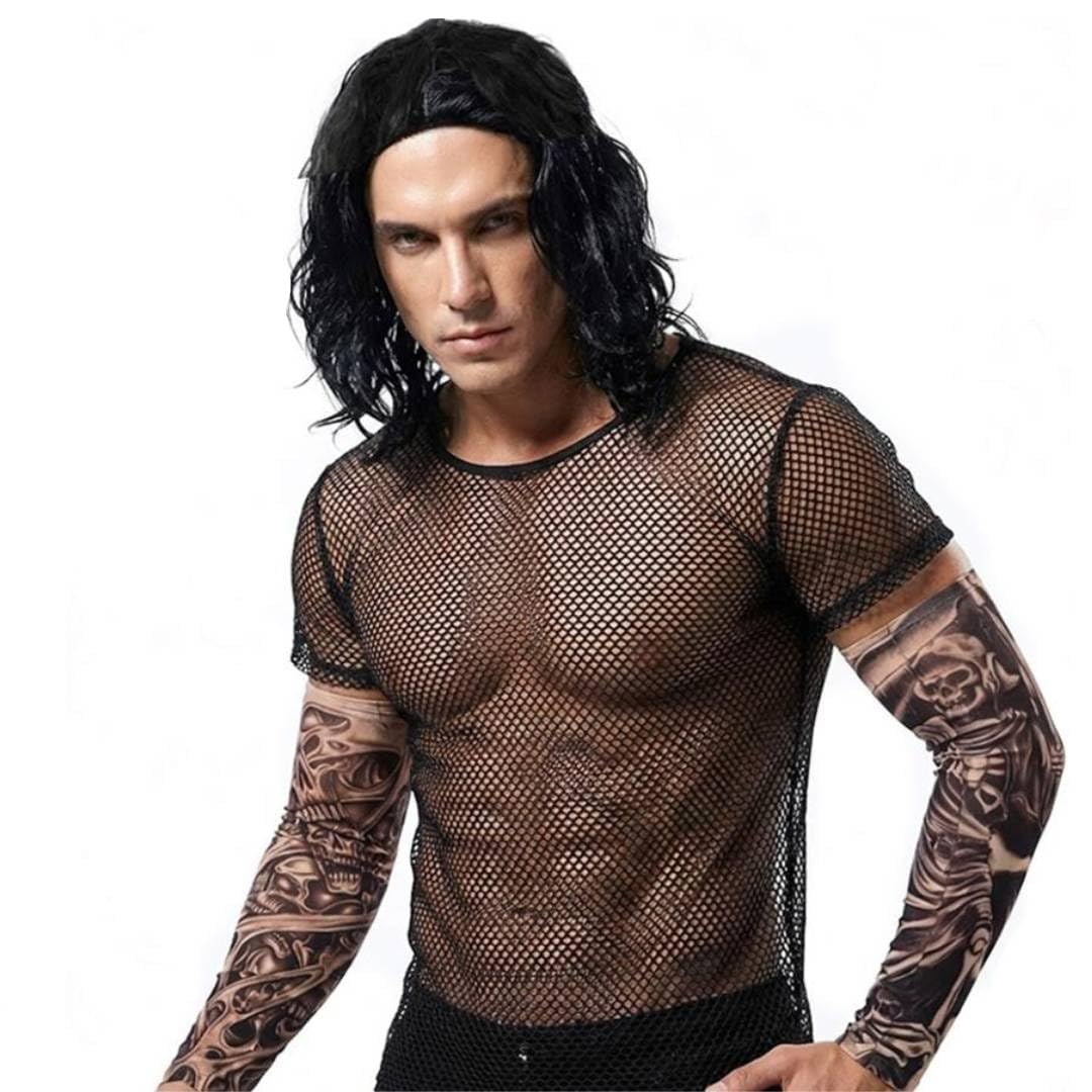 I LOVE FANCY DRESS 2000s Wrestler Tag Team Brother Inspired Costume Set – Black Sheer Mesh Long Sleeve Top, Black Wavy Wig and Two Fake Full Arm Tattoo Sleeves for Adults