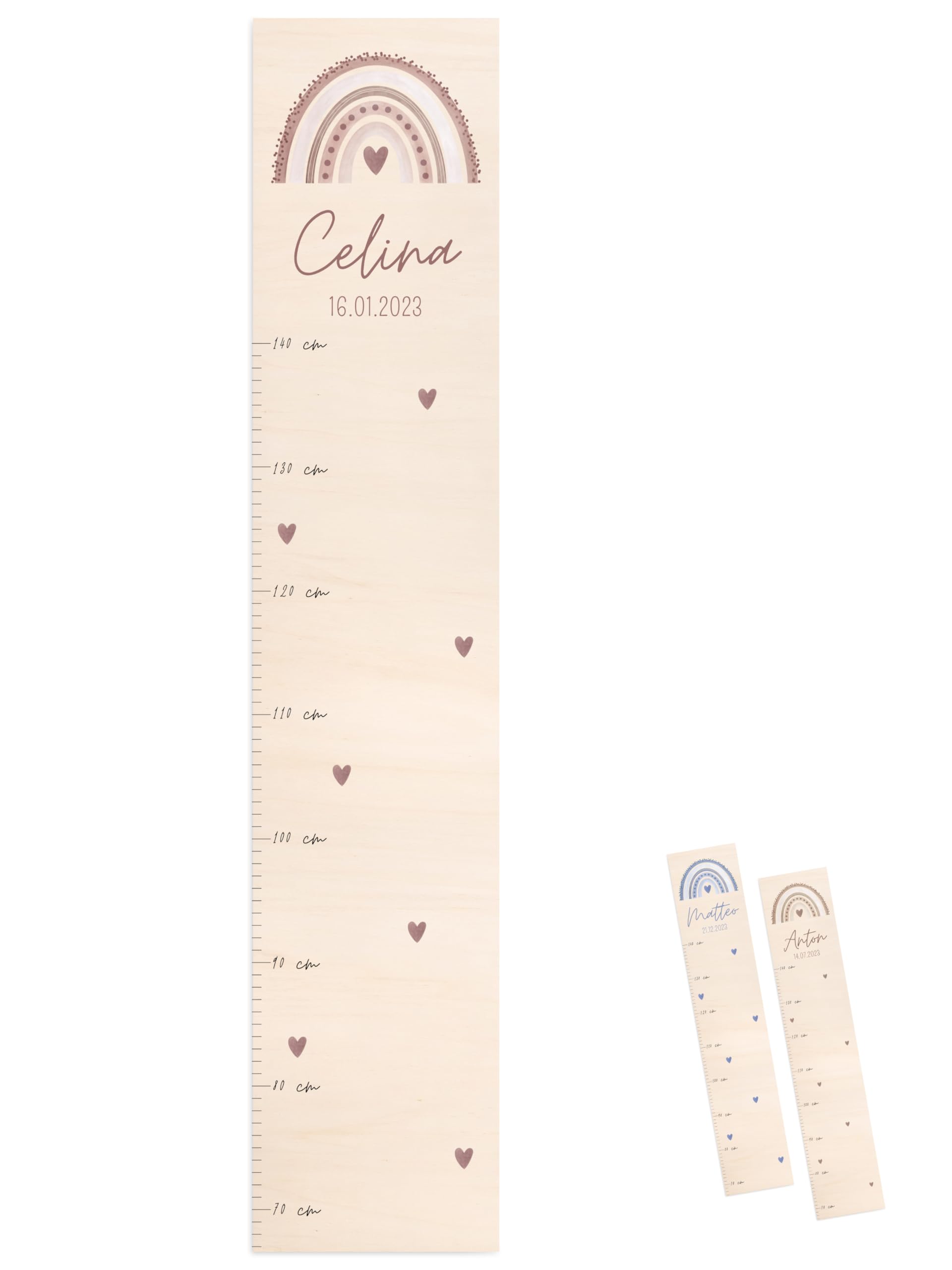 wunderwunsch® - Personalisierte Messlatte Kind Holz zum Kleben oder Aufhängen - Skala 70-140cm - Süße Dekoration für Baby- & Kleinkinderzimmer (rosa)