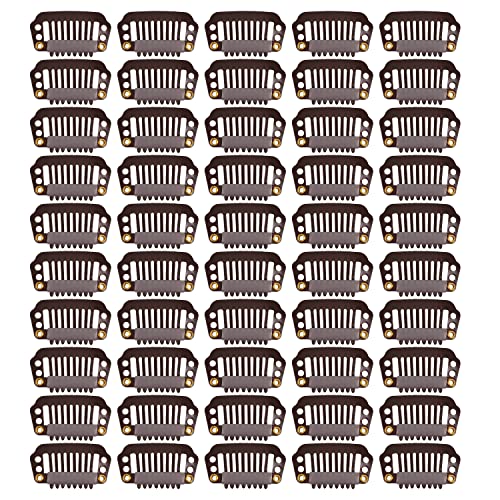 50 Pcs Wig Clips 8 teeth Hair Extension Clips with Metal Snap for Hair Extensions (28mm Dark Brown), Dark Brown 28mm