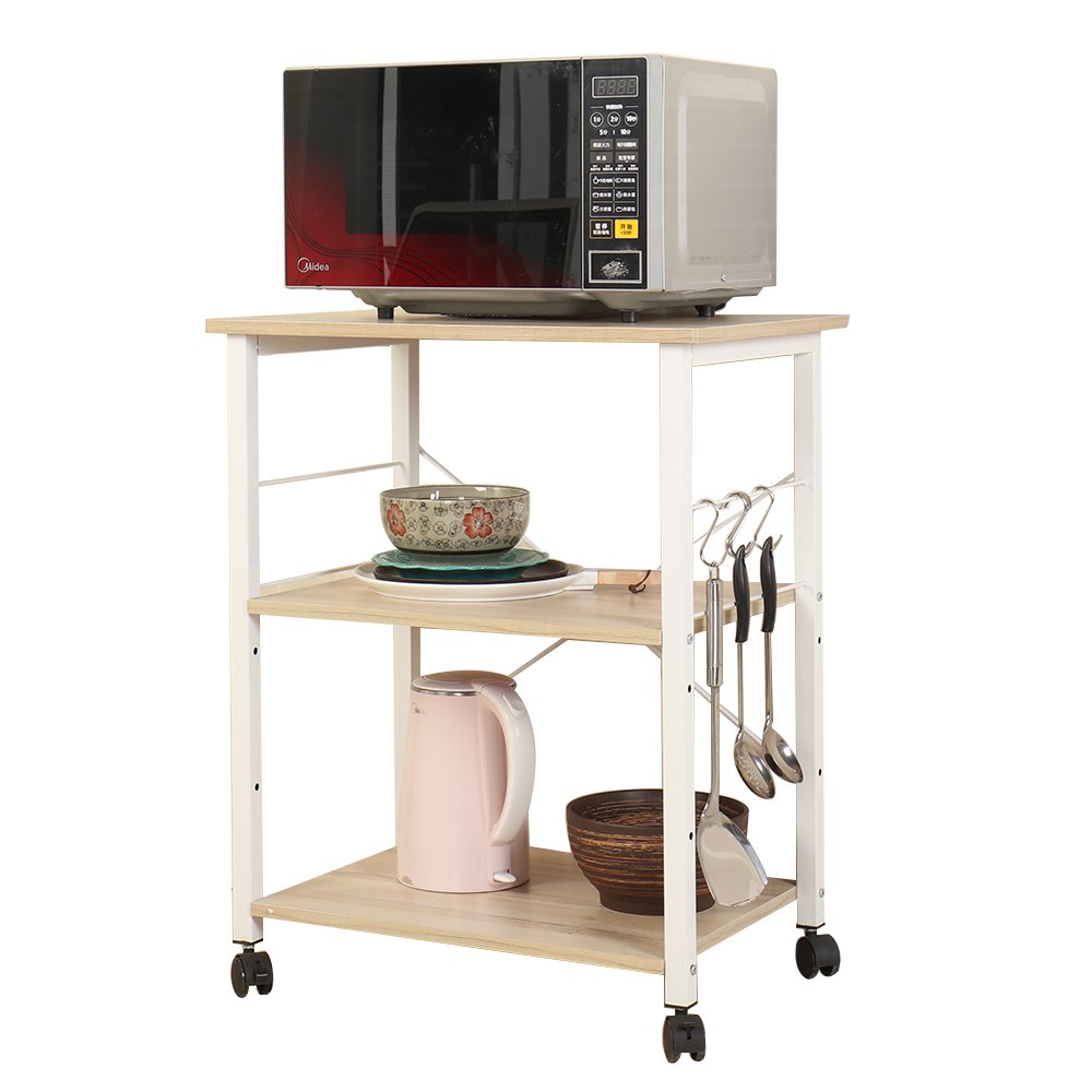 sogesfurniture 3-Tier Kitchen Baker's Rack Utility Shelf Microwave Oven Stand Storage Cart Workstation Shelf 3-Tier Kitchen Utility Cart on Wheels with Storage,White Maple BHCA-W4-MO