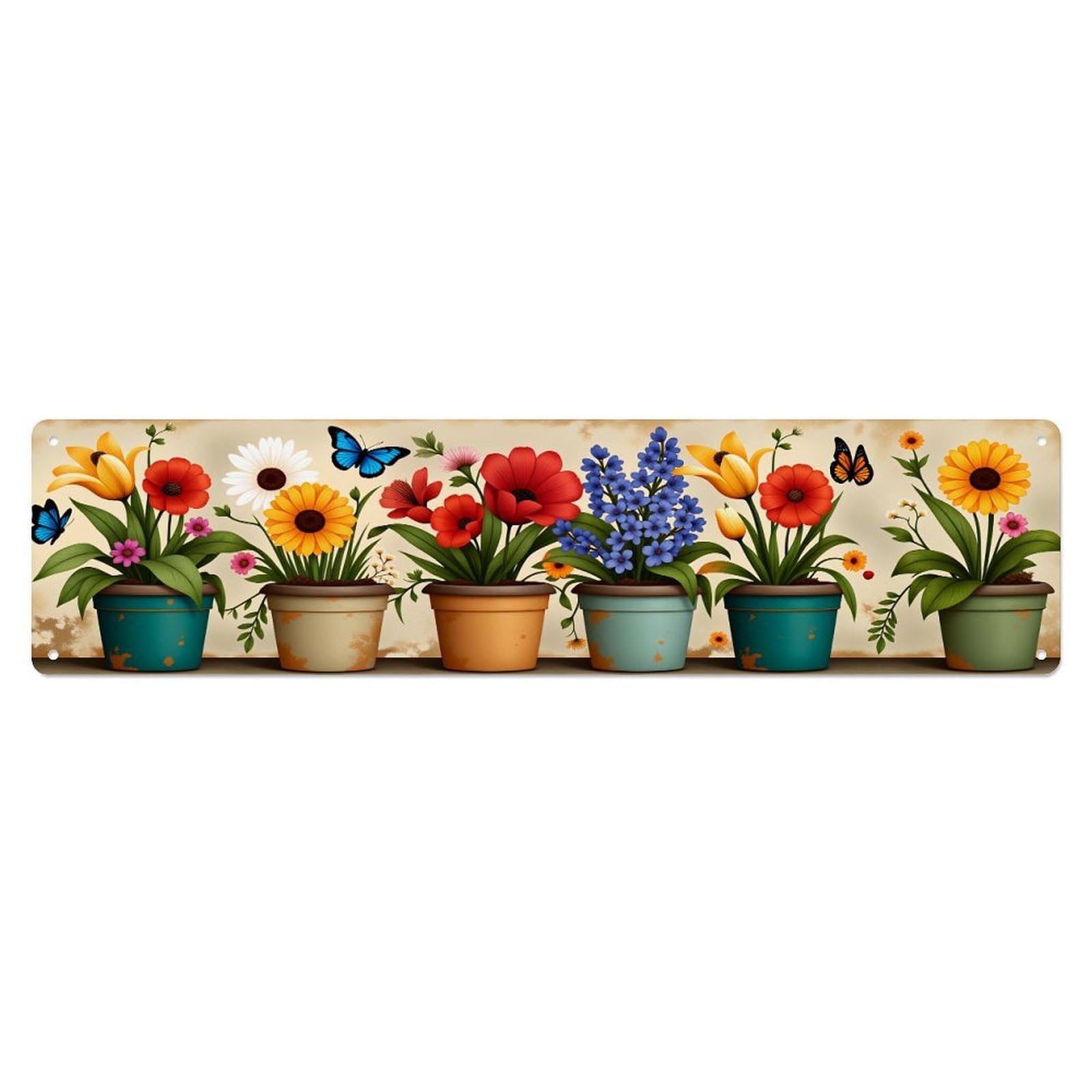 Gentinap Vintage Floral Pots Butterflies Sunflowers Daisies Tin Sign Metal Sign Home Bar Garden Wall Decor Metal Poster 4X16 Inch