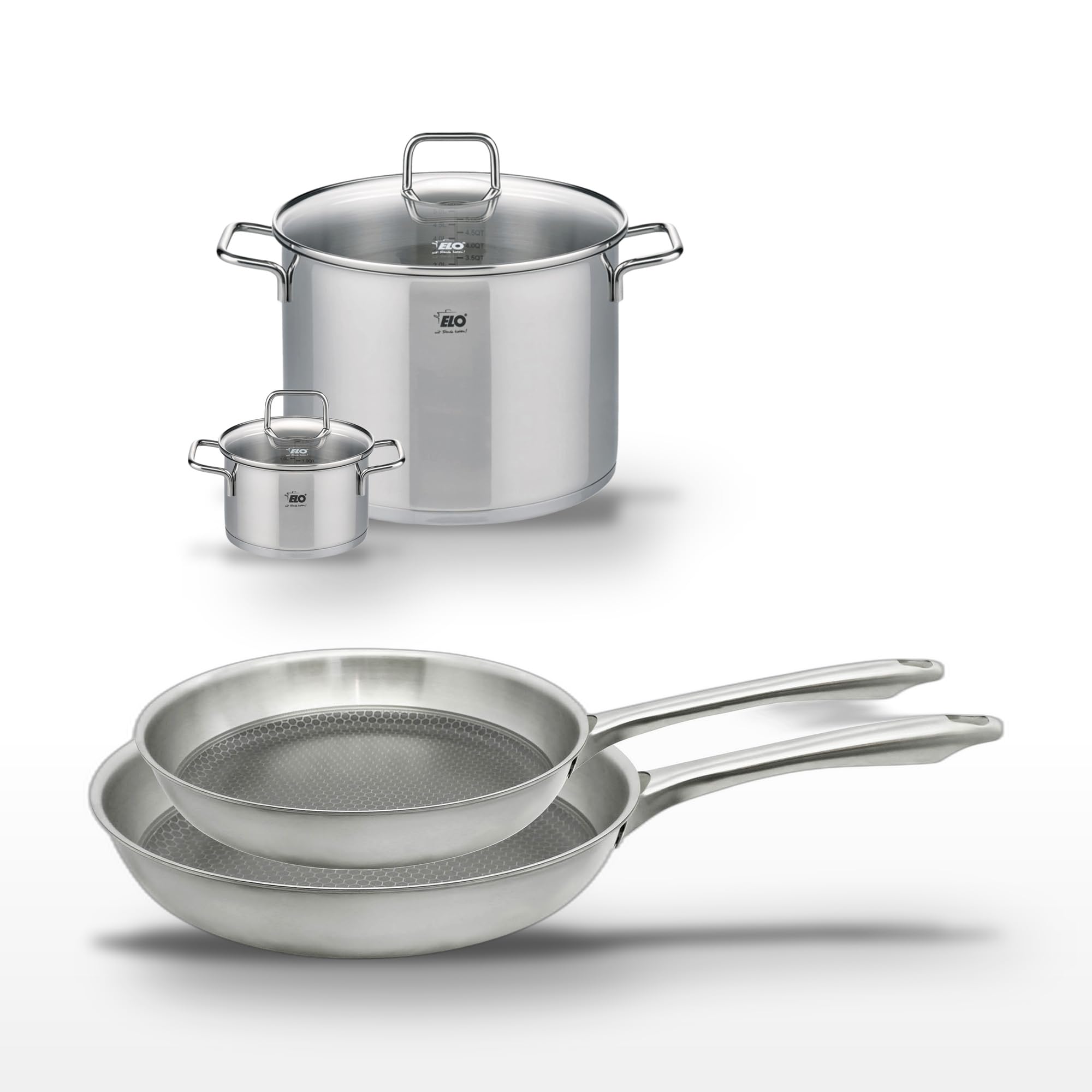 Elo Batterie cuisine 3 pieces 26 cm | 2 poêles et 2 faitouts, Inox, 24 28 cm et 14 26 cm, Induction vitrocéramique gaz four lave vaisselle