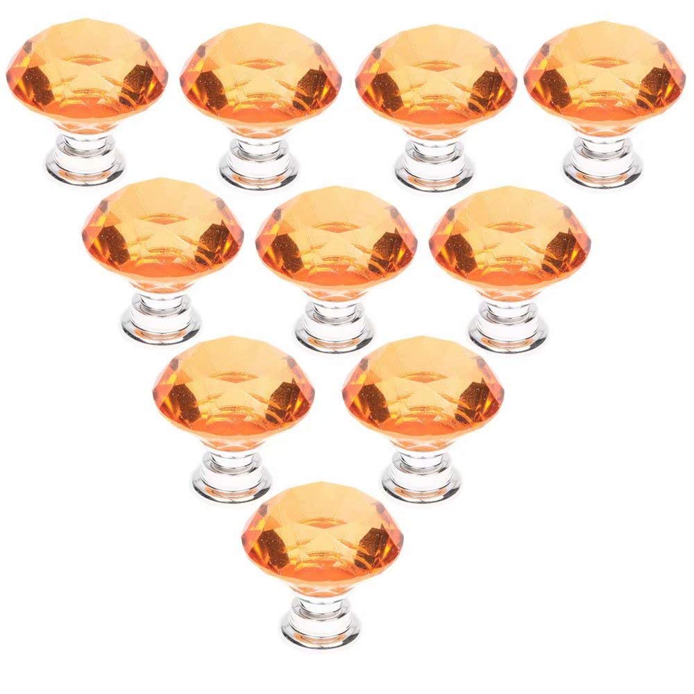 10 PCS Yellow 40MM Flat Round Crystal Glass Cabinet Door Knobs Cupboard Drawer Cabinet Furniture Kitchen Wardrobe Dresser Diamond Cut Pull Handle