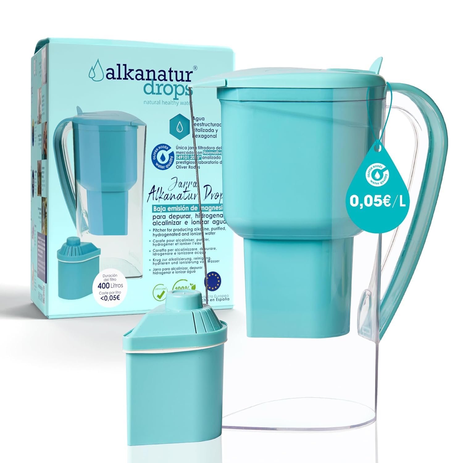 Carafe Filtrante Charbon Actif Eau Maison Alkanatur avec Filtre Basse Émission Sans Resine Ajoute Magnesium Fabrication Europeenne pH 9 Capacité 1.4L Water Filter Jug Hydrogène Élimine Métaux