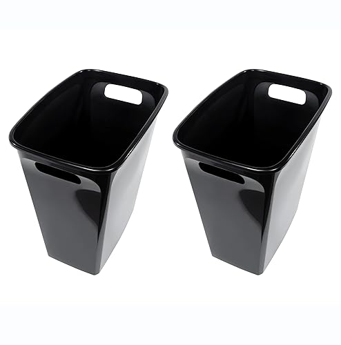 Paquete de 2 cubos de basura de 8.8 galones, cubo de basura de plástico negro con asas y sin tapa, diseño pequeño de parte superior abierta que