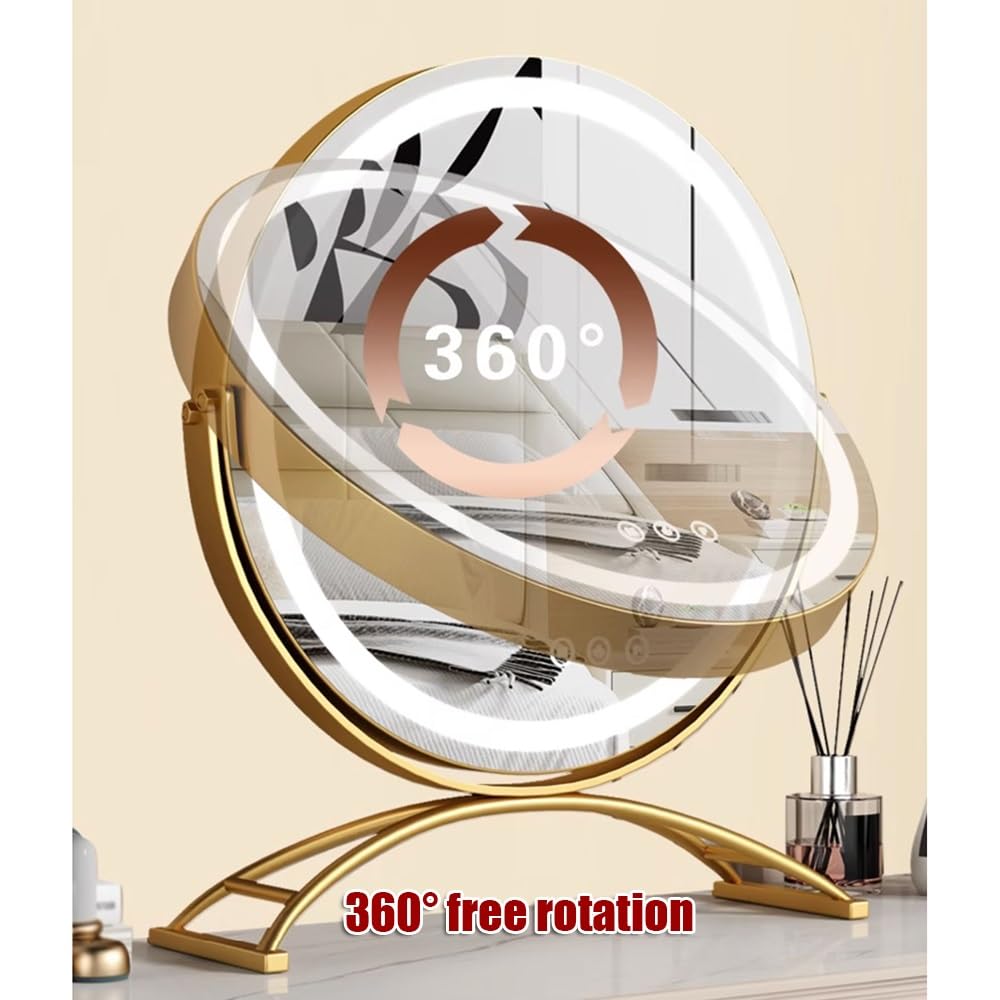 Espejo de maquillaje giratorio de 360° con iluminación HD, espejo cosmético con control táctil inteligente, 3 colores de atenuación de metal e (30 x 36 cm) – T para amantes