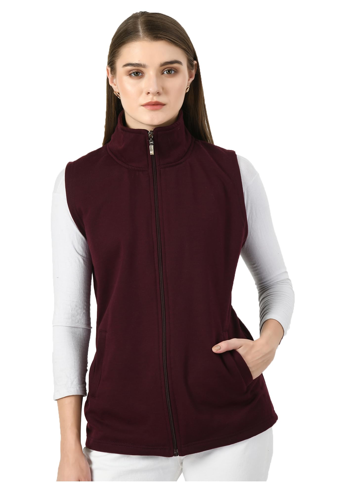 Women Solid Fleece Warm Zipper Open Sleeveless Jacket for Winters (Pack of 1)