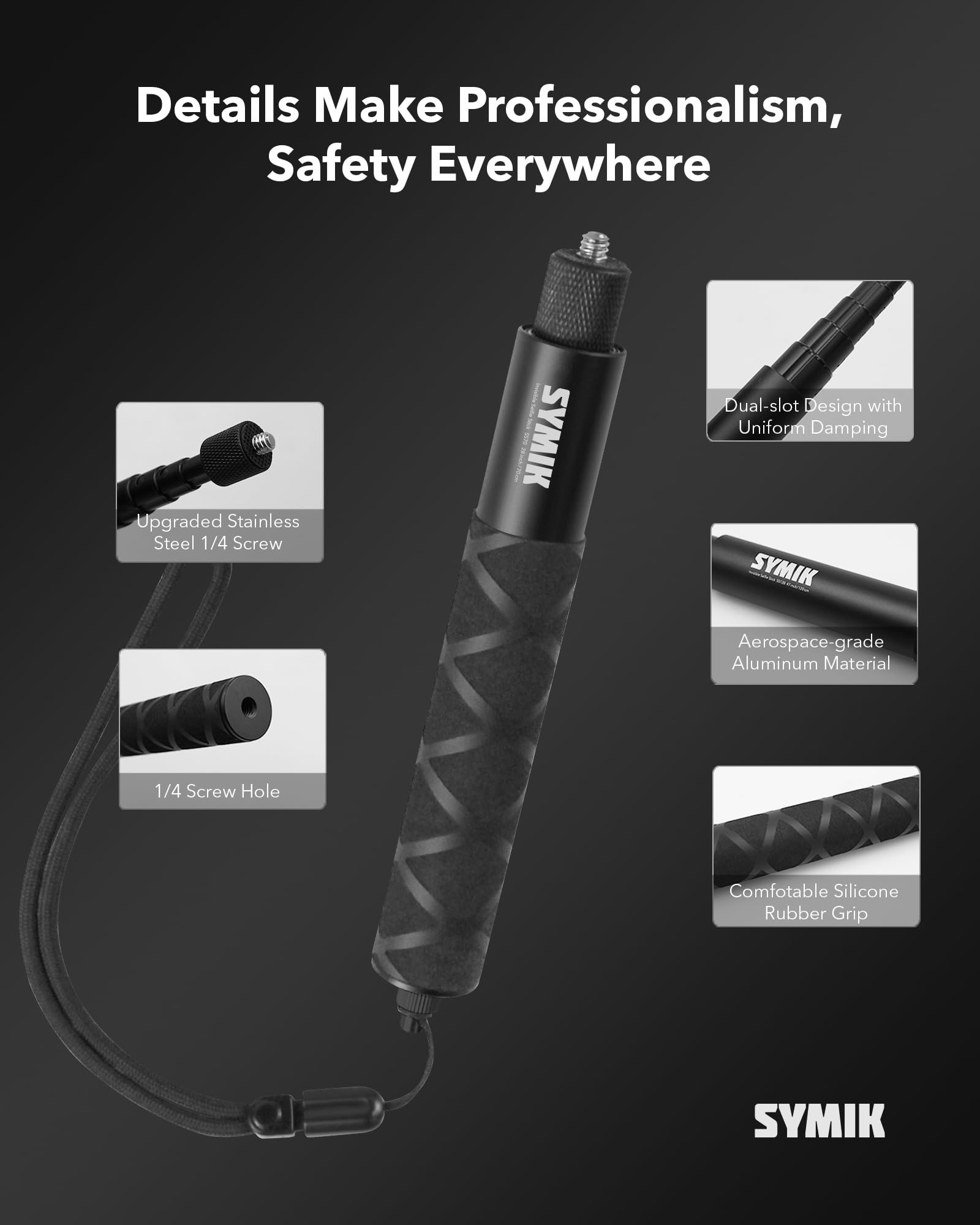 SYMIK Unsichtbarer Selfie-Stick für Insta360 (70 cm / 27,6 Zoll), Verlängerungsstab aus Aluminiumlegierung, tragbare ausziehbare Einbeinstativstange für Insta 360 X5 X4 Air X3 ONE X2 für DJI Osmo 360
