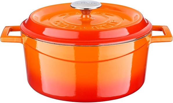LAVA 7 Quarts Cast Iron Dutch Oven Multipurpose Stylish Round Shape Dutch Oven Pot with Three Layers of Enamel Coated with Trendy Lid Orange