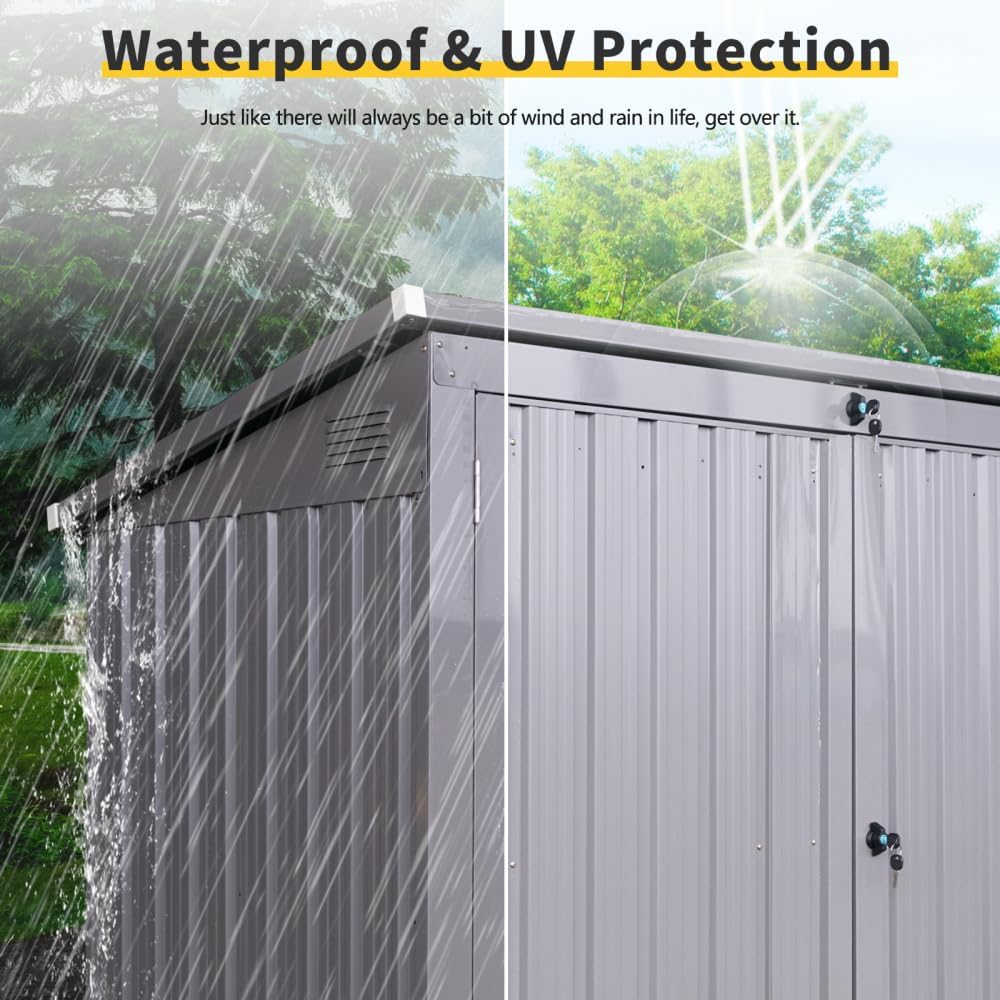 Metal Outdoor Garbage Shed Storage Bin Holds 2 Trash Cans, Galvanized Steel Rack, Lockable Waterproof Garden Yard Lawn Bin Shelter