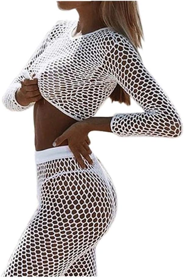 Women's Fishnet Hollow Out Beach Cover up Sets Long Sleeve Mesh Crop Top Knitted Long Pants Suits Bikini Swimwear (White, S)