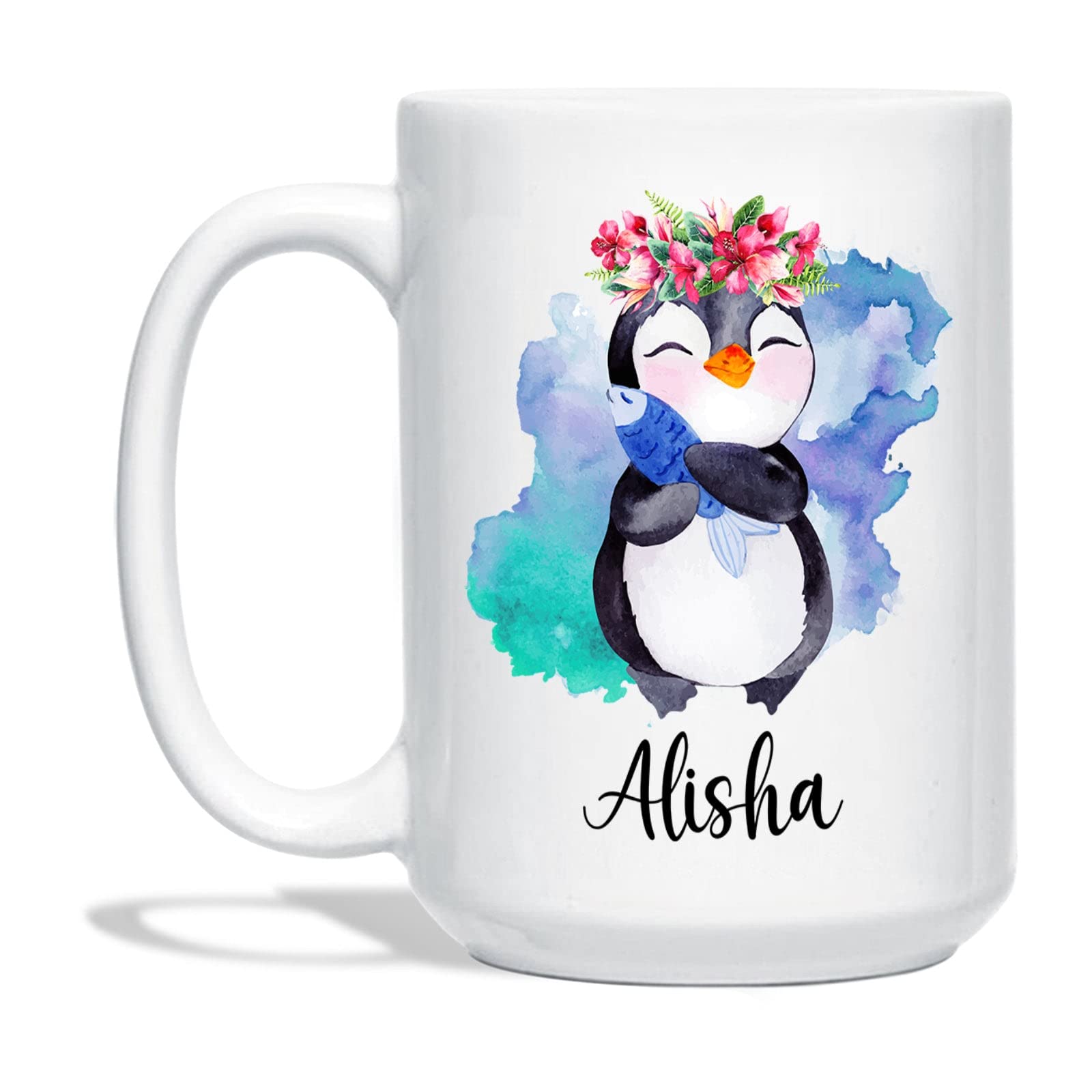 Penguin Lovers Mug - Customized Penguin Coffee Cup with Name - Personalized Animal Cups Gift for Kids, Family - Floral Penguin Tea Cup - Custom Animal Lovers Present - White Cup 11oz or 15oz