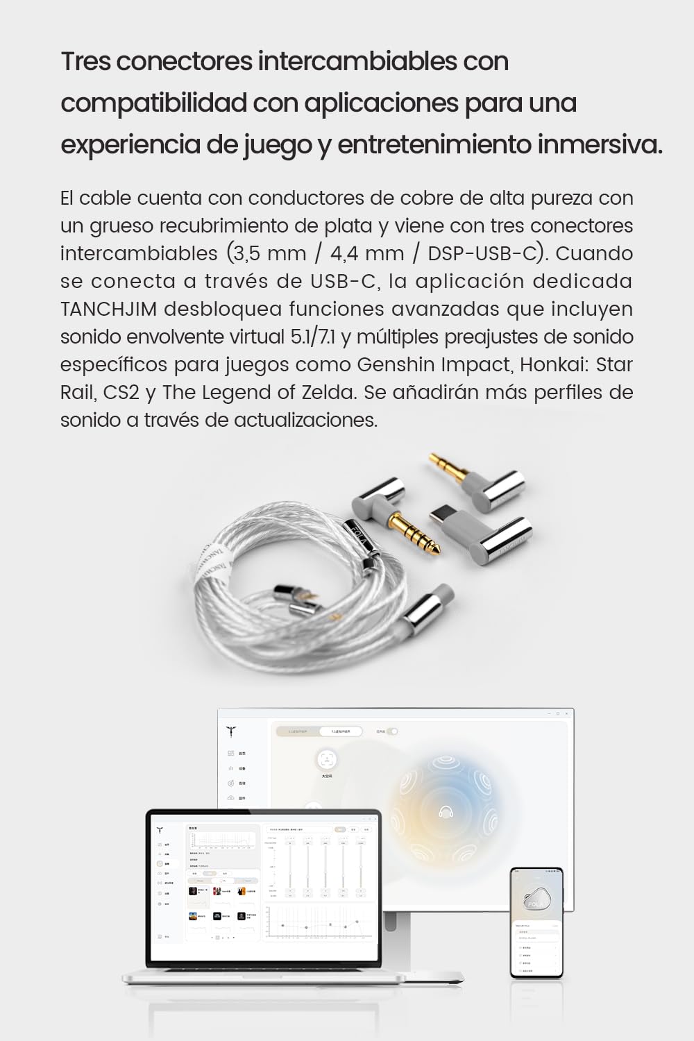 TANCHJIM FOLA Monitor Interno HIFI,1DD DMT5 de Baja Distorsión que Mejora Voces e Instrumentos,Auriculares con Cable con Control por APP,Sonido Virtual 7.1/5.1, 3 Boquillas de Sintonización Incluidas