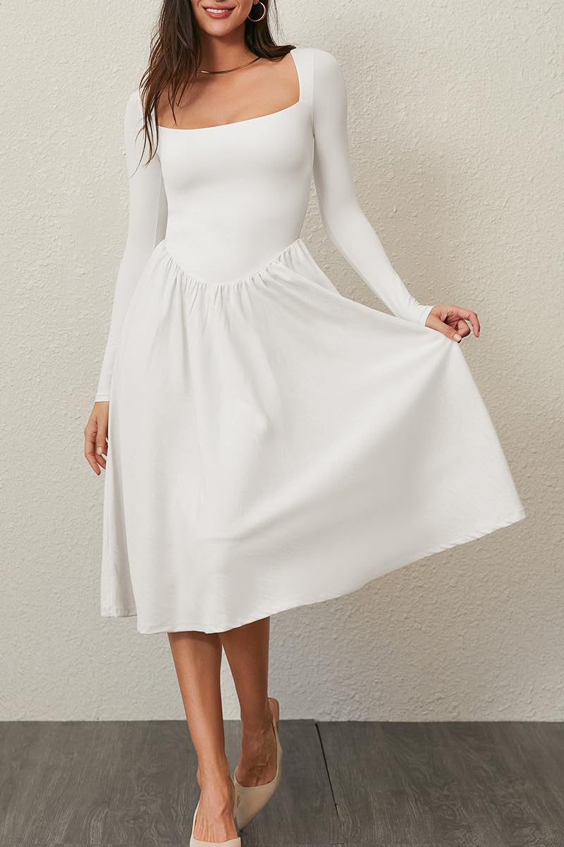 CHYRII Women Spring Fashion 2025 Square Neck Long Sleeve Casual A-Line Midi Dress - Image 6