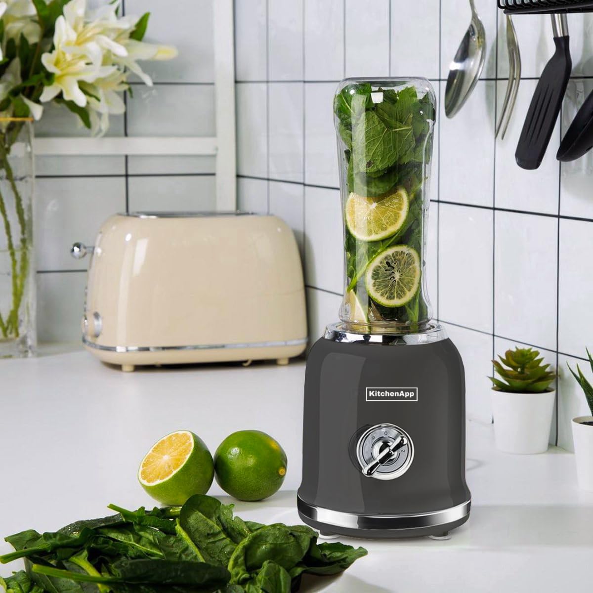 Batidora retro para hacer smoothie (2 botellas, 300 W, sin BPA), color negro