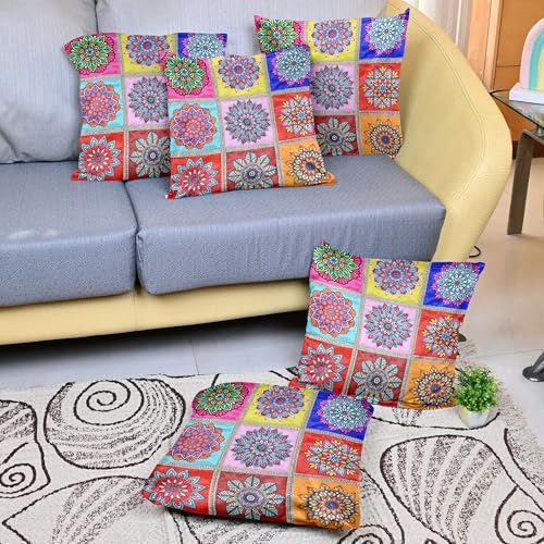 Image of Divine Casa Set of 5 Mandala Cushion Covers 16x16 Inches | Polyester Sofa Cushion Covers with Decorative Lace Border | Multicolor Designer Cushion Covers for Couch & Living Room | Multi Pink