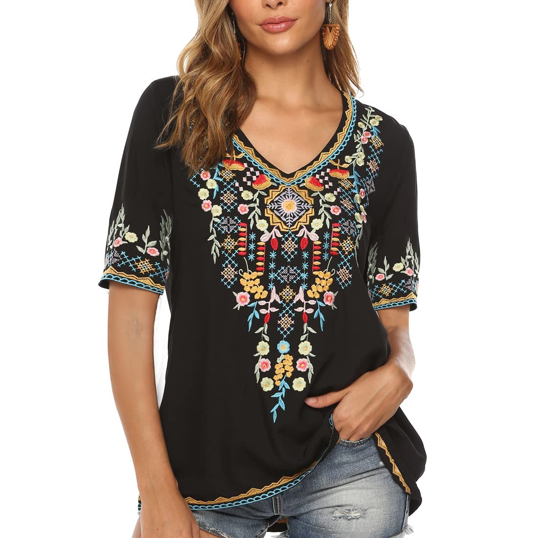 Seasonal Tunika Damen Sommer Boho Bluse Folklore Stickerei O