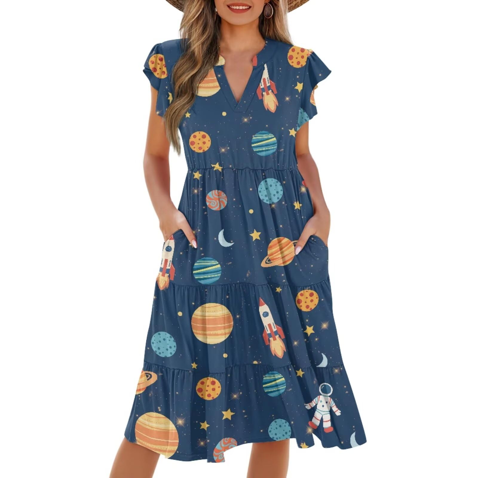 Womens Summer Dress Ruffle Sleeve V Neck Dress Casual Fit Flowy Beach Vacation Sundress with Pocket S-2XL