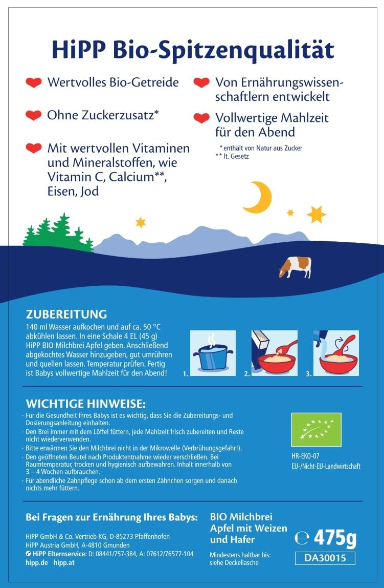 HiPP Bio Milchbrei Gute-Nacht Hafer Apfel (4 x 475g), ab 8. Monat, ohne Zuckerzusatz, mit Vollkorngetreide, schonende Verarbeitung - sanft zu Babys Bäuchlein