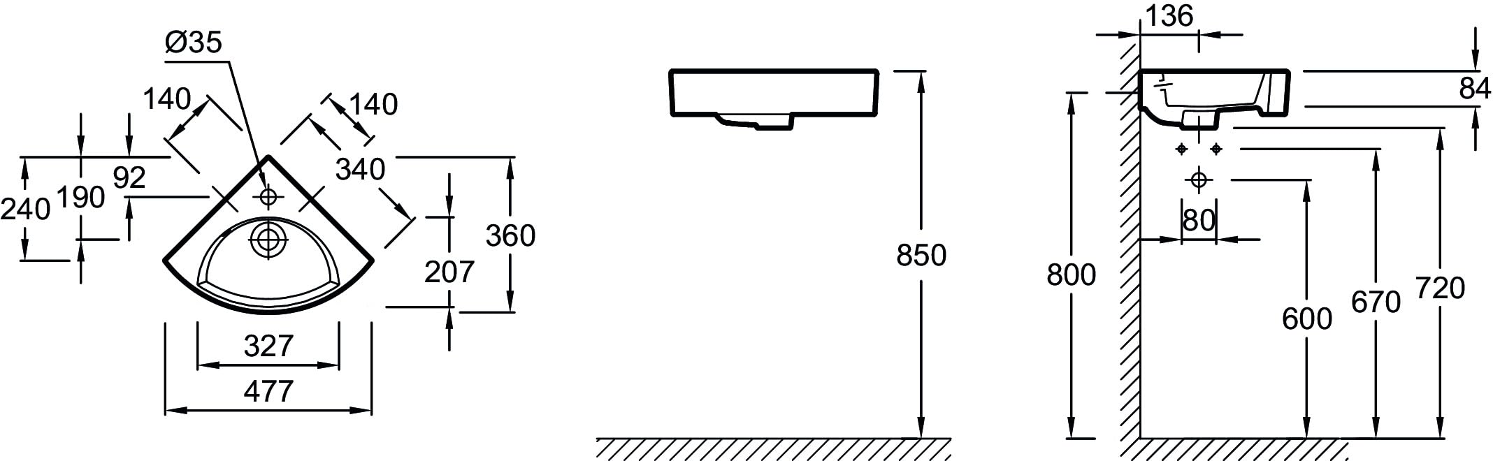 JACOB DELAFON Lavamanos pequeño en esquina para baño Lavabo compacto de cerámica blanca, fácil limpieza y mantenimiento 1 orificio para grifería 34x34 cm Odéon Rive Gauche EGP112-00