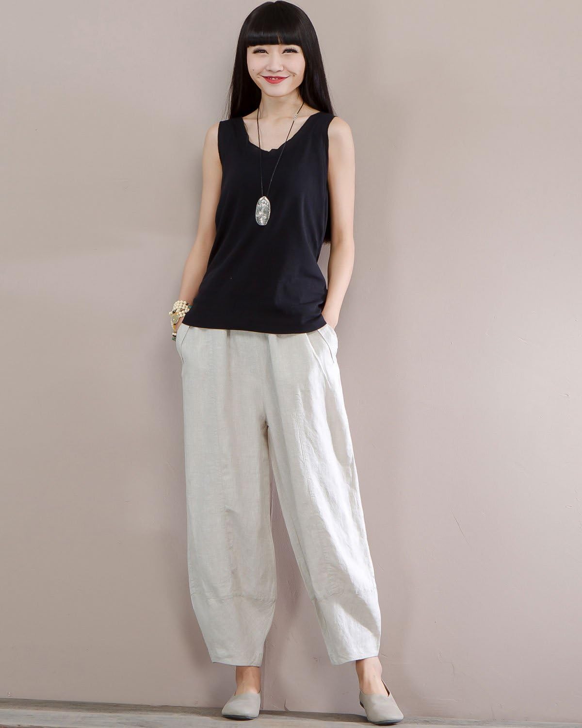 IXIMO Women's 100% Linen Pants Relax Fit Lantern Cropped TaperedPants Trousers with Elastic Waist - Image 6