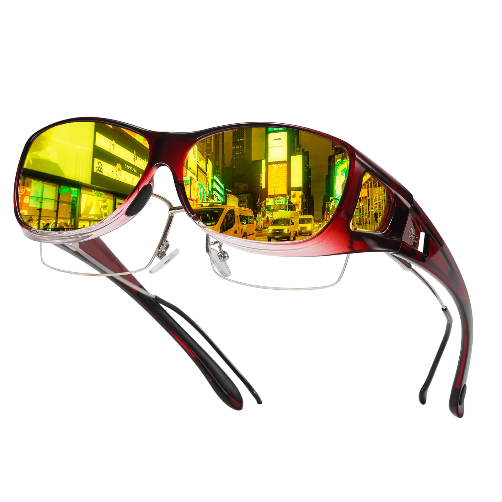 [DUCO] メガネ サングラス オーバーサングラス 夜間 運転用 ドライブ用 メガネの上から掛けられる さんぐらす イエロー 偏光レンズ UV400 紫外線カット 夜用サングラス レッド 8953Y