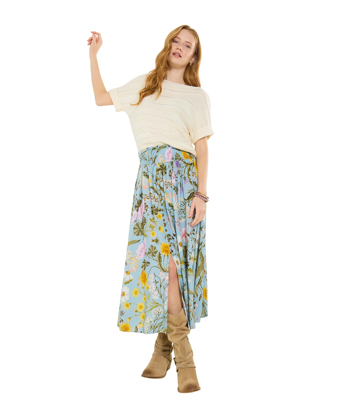 Joe Browns Women's Floral Print Shirred Waistband Midi Skirt, Regular, Blue, UK 20