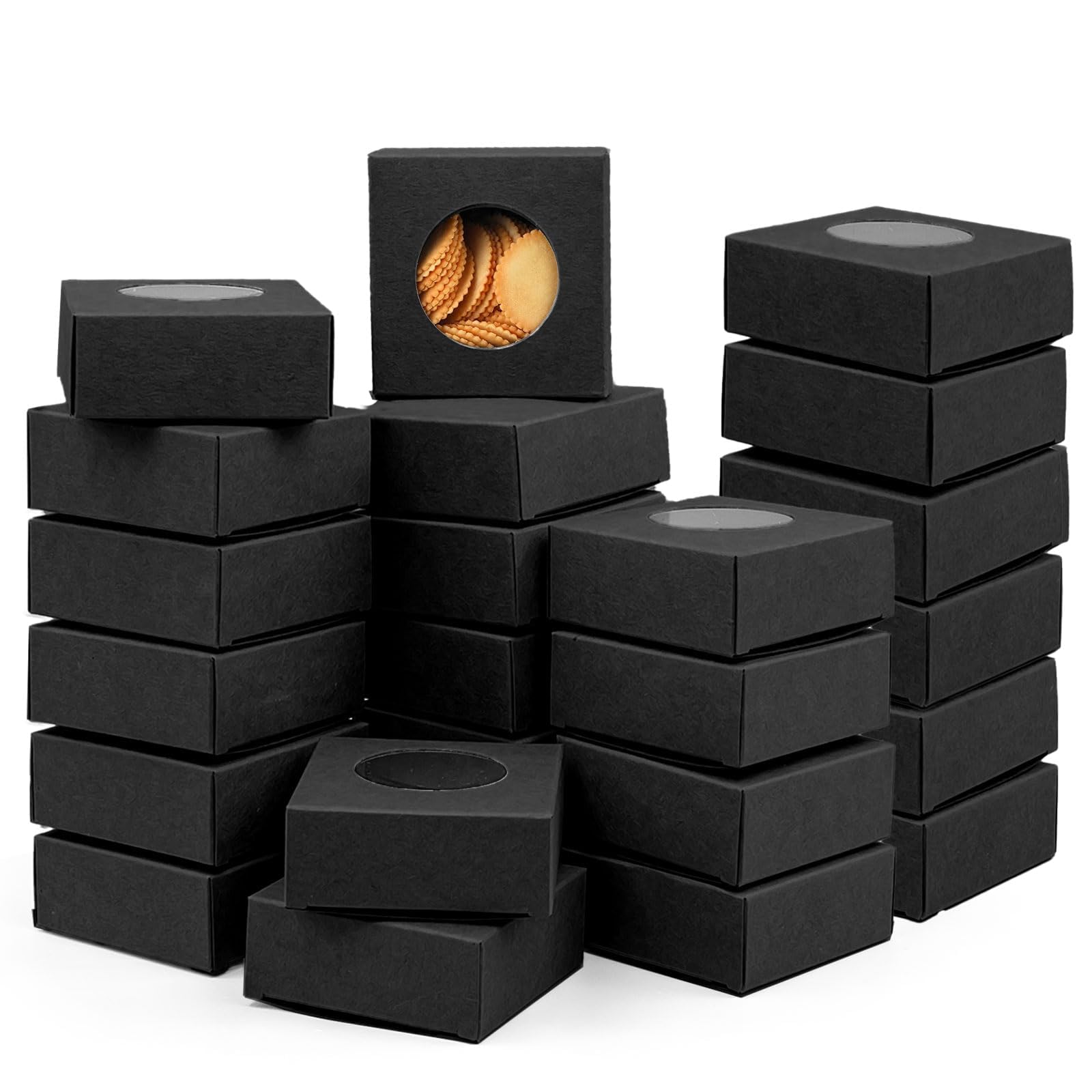 Kaxtde 100 Pcs Black Cookie Boxes with Window, 7.5cm Mini Bakery Boxes