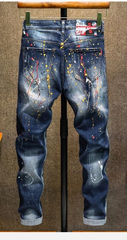 Men Street Jeans Retro Blue Paint Splatter Slim Fit Ripped Jeans Mens Stretch Trousers Hip Hop Denim ​​Trousers3