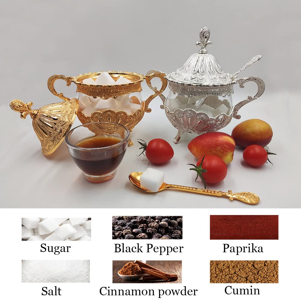 Bol à Sucre/Pot Boîte Distributeur Pot à Épices Sel Assaisonnement, Sucrier avec Couvercle et Cuillère for Cuisine Café Bar et Fête de Mariage, Récipient à Sucre en Métal et Verre for Cube de Sucre et