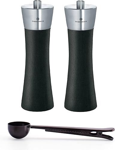 Zassenhaus Augsburg - Molinillo de sal y pimienta, juego de regalo de 7 pulgadas, negro y acero inoxidable, con cuchara de especias de acero