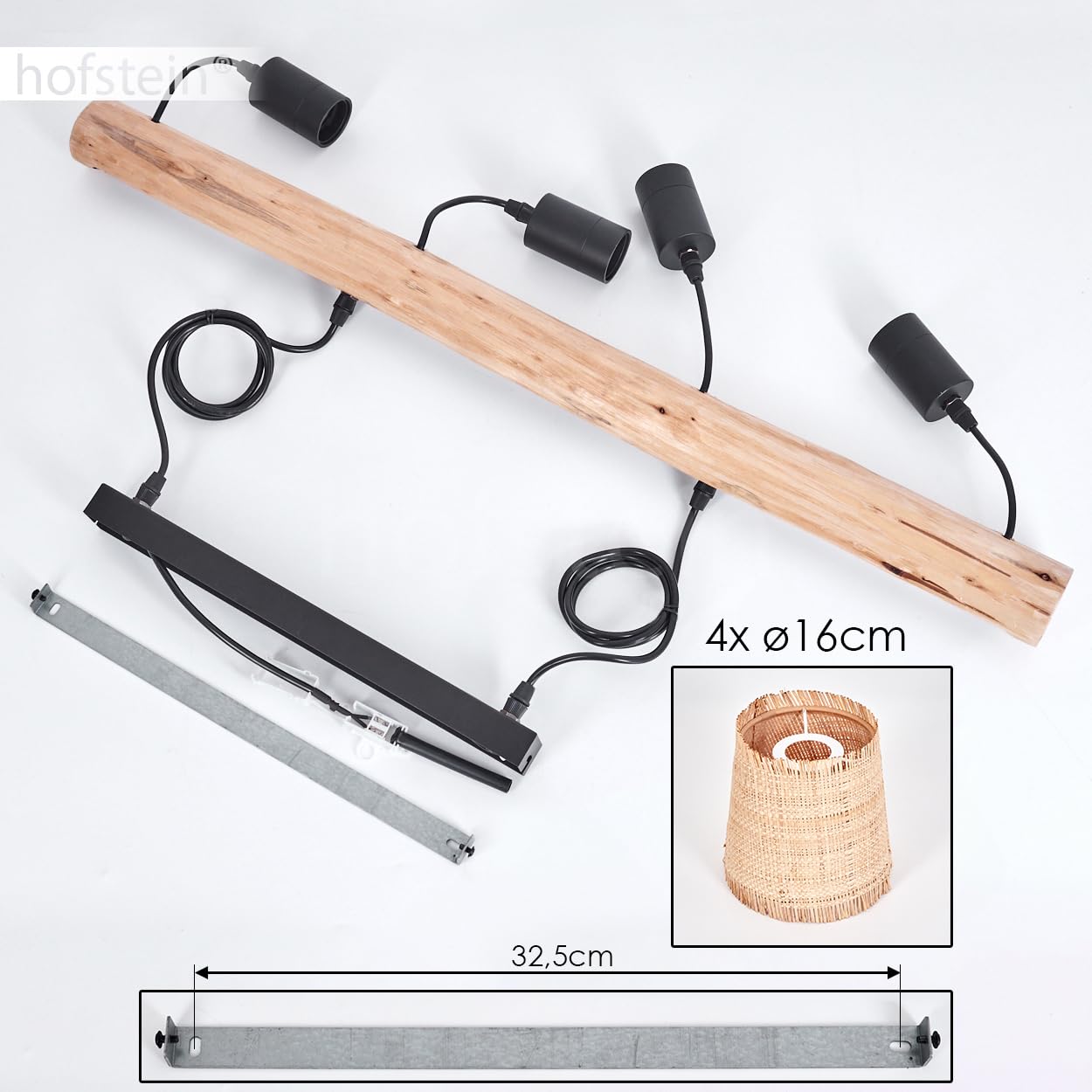 Lámpara colgante Soungou, moderna lámpara colgante de madera/metal/bastón en natural/negro/beige, lámpara colgante de 4 luces en diseño escandinavo, altura máx. 135 cm, 4 x E27, sin bombillas