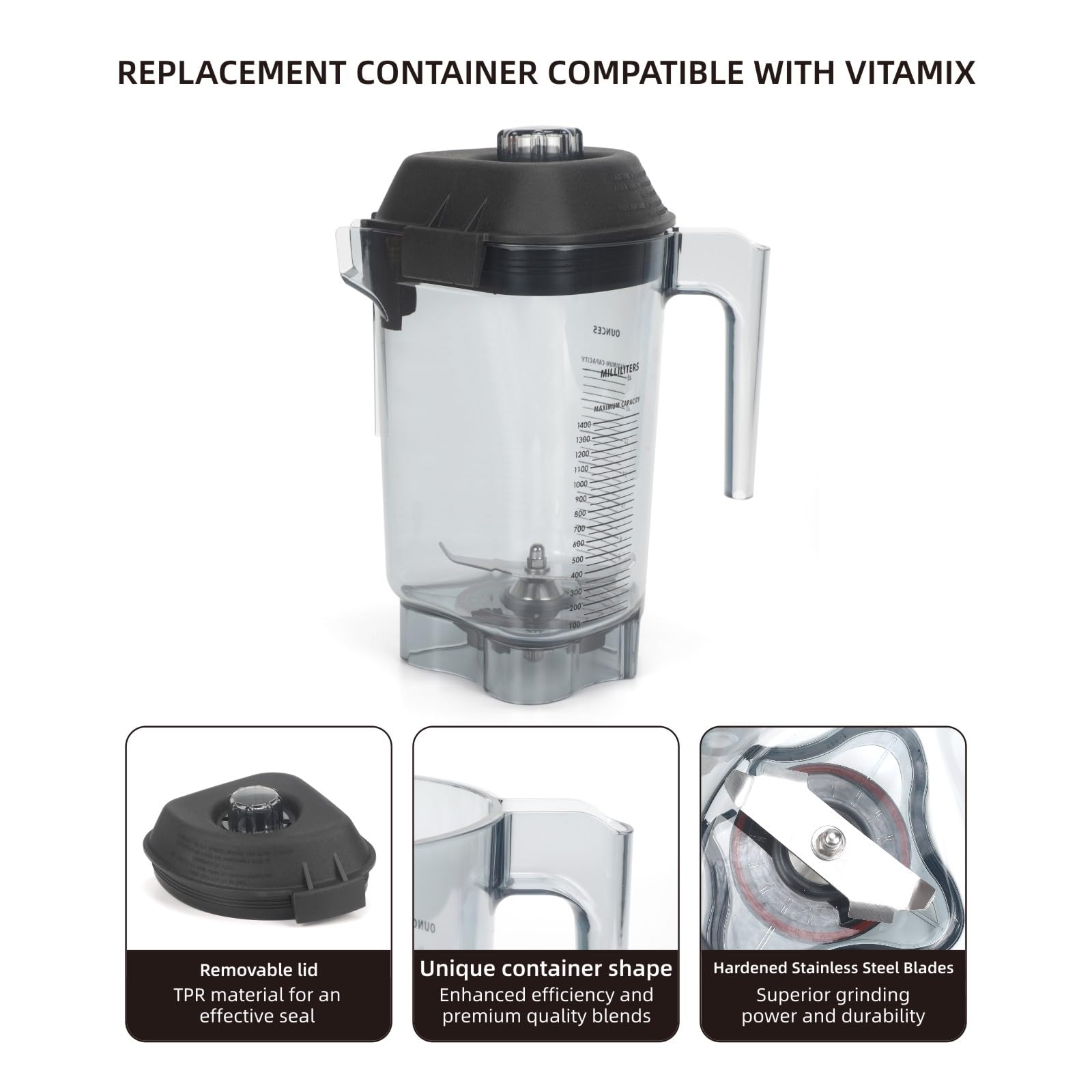 Jarra de repuesto de contenedor Advance de 48 onzas compatible con Vitamix The Quiet One VM0145, BarBoss, máquina de bebidas Advance y Touch & Go Commercial Blender Jar Cup Parts