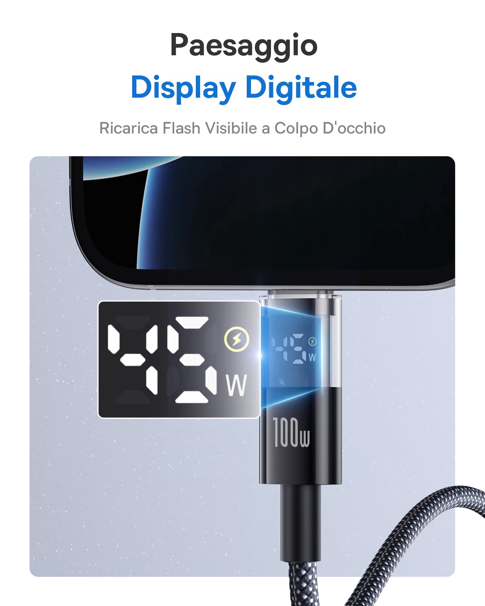 Baseus Cavo USB C con Display Digitale, Cavo di Ricarica Rapida da Tipo C a C da 100 W con 480 Mbps, Cavo intrecciato, Compatibile con iPhone16/16Pro/16Pro Max/15, Samsung S24U, MacBook, Surface, 2 m