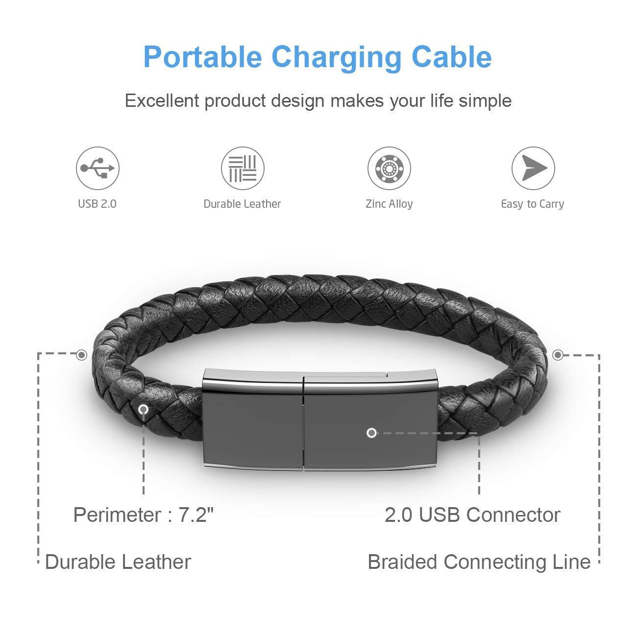 Cable de carga Pulsera de cuero trenzado Muñeca para Android 22CM (negro)