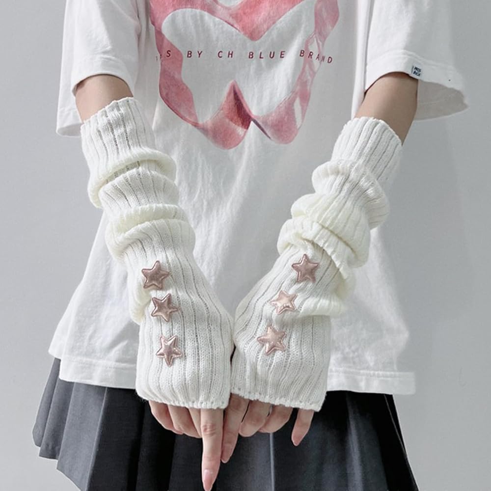 rurumu: weave yarn arm warmers　ivory 2 Pairs Y2k Arm Warmer for Women Grunge Knitted Glove