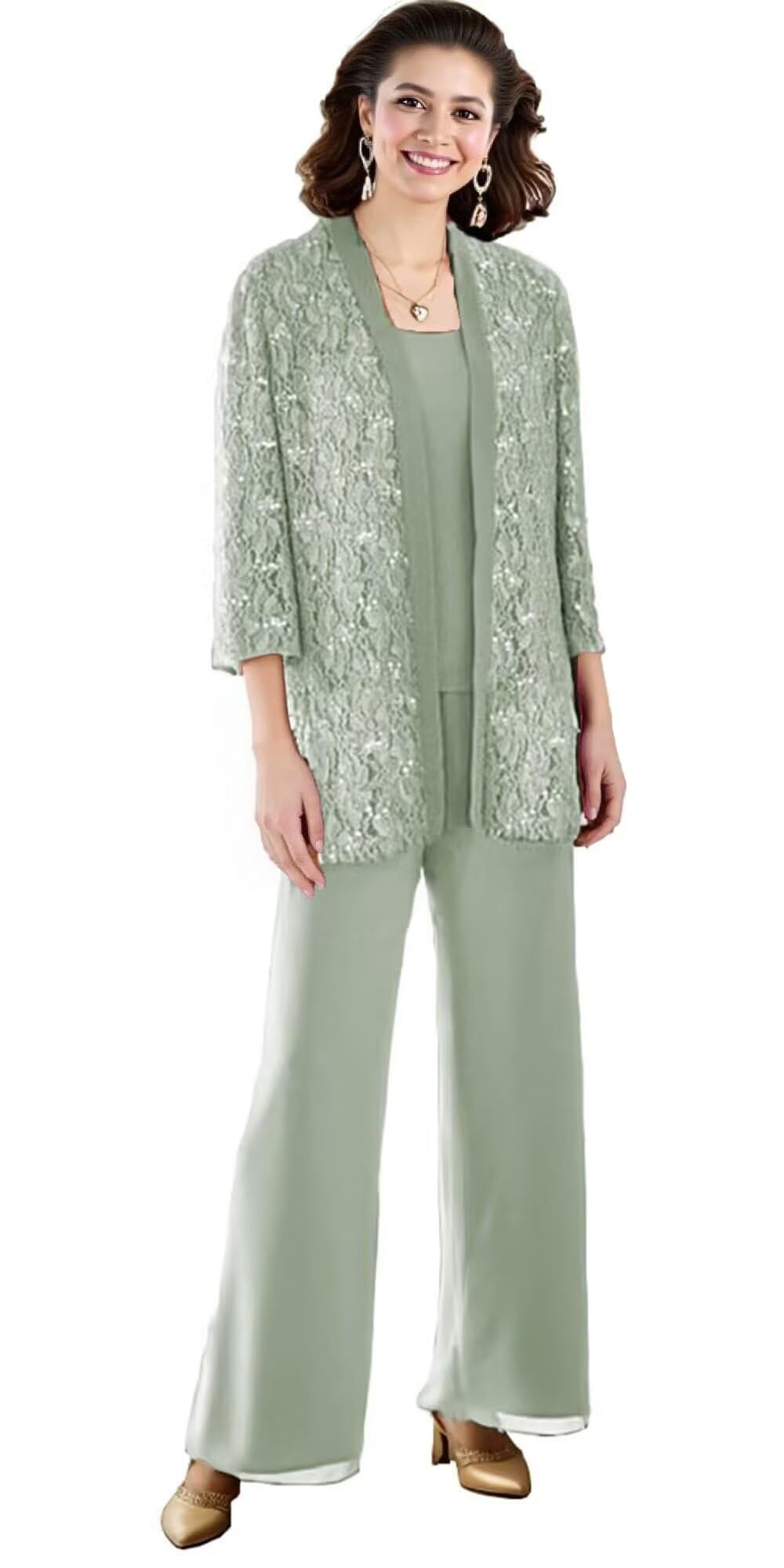 3 Pieces Mother of The Bride Pantsuits for Wedding Long Sleeve Lace Outfit Dressy Pant Suits