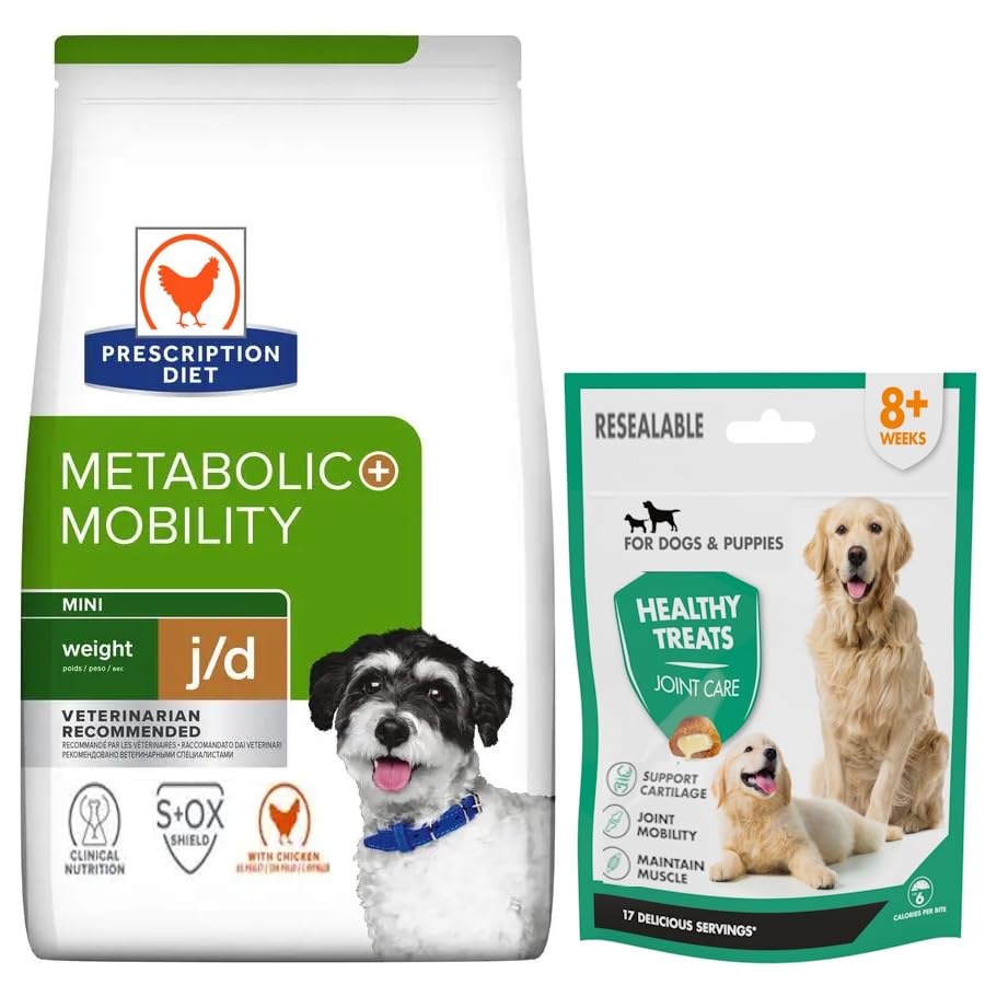 Diet Metabolic + Mobility j/d Mini Dog Dry Food with Chicken 1kg and Healthy Treats Joint Care for Dogs 70g. Support Joint Health and Weight Management
