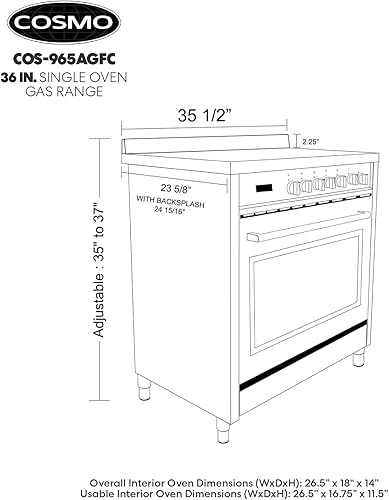 Miniatura 5 de Cocina de gas COSMO COS-965AGFC de 36 pulg. de la colección Nebula, 3.8 pies cúbicos, 5 quemadores, horno de convección rápida, parrilla de hierro
